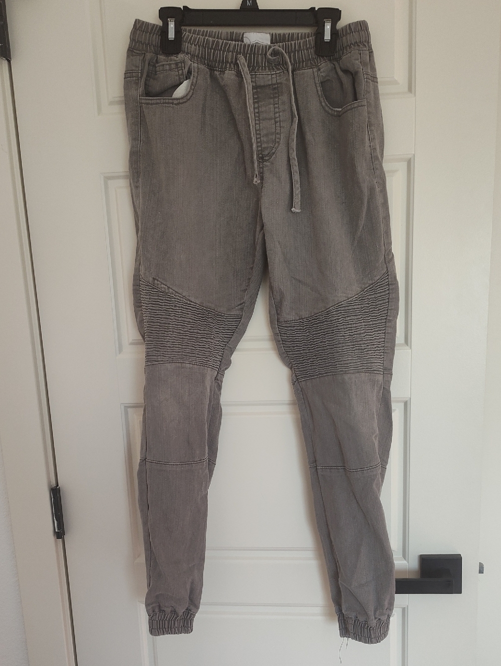 Men's Gray Ribbed Knee Jogger Pants with Elastic Waist